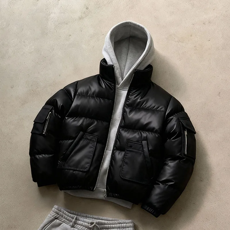 

Men's Streetwear Denim Puffer Jacket Set 2025 Autumn New Hooded Plaid Lined Coat + Gray Sweatpants Casual Outfit Oversized Fashi