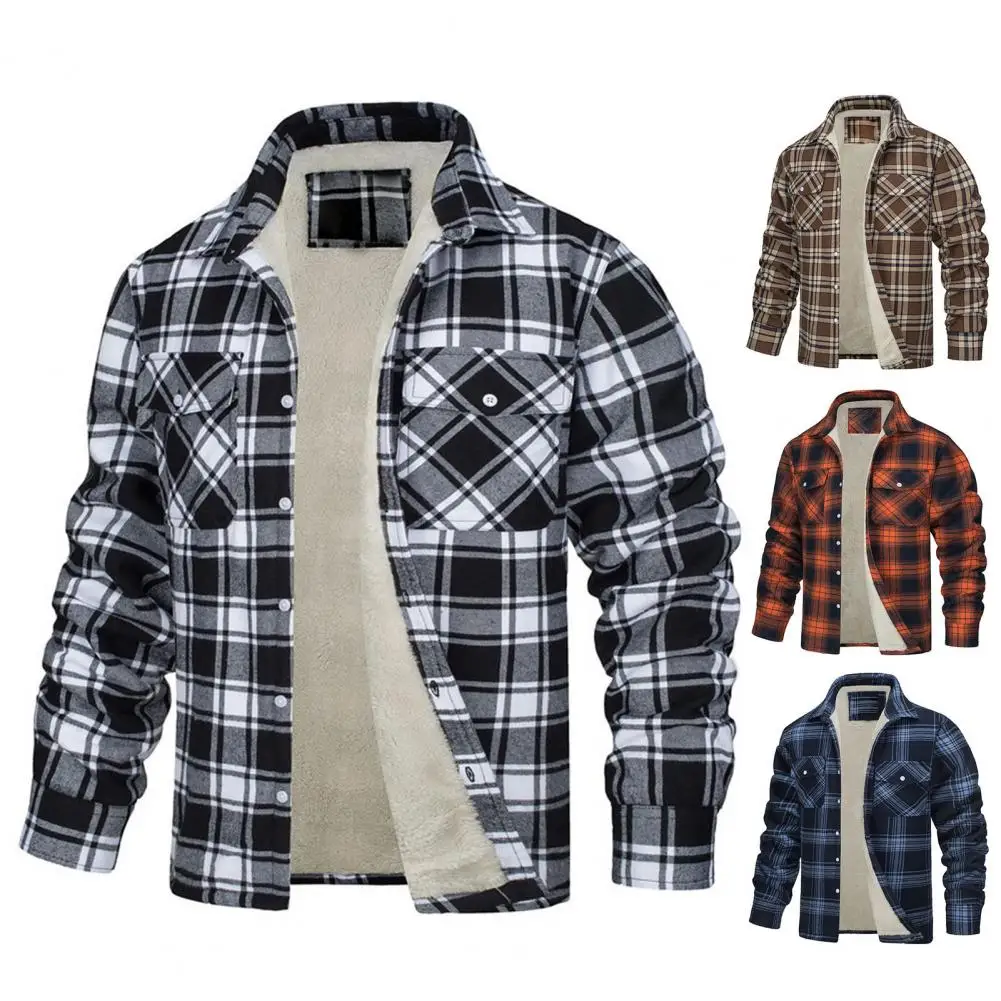 

Men Plaid Jacket Plush Lapel Men's Winter Jacket Stylish Plaid Print Loose Fit Cozy Pockets for A Mid-length Coat Men Autumn