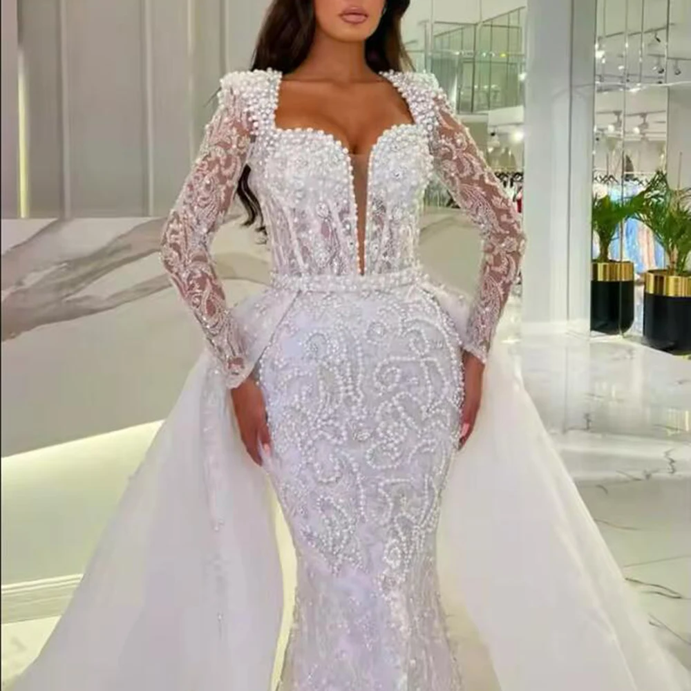 Exclusive Aos Ebi African Mermaid Wedding Dresses Sparkly Sequins Long Sleeves Bridal Gowns Detachable Train 2 in 1 Customized