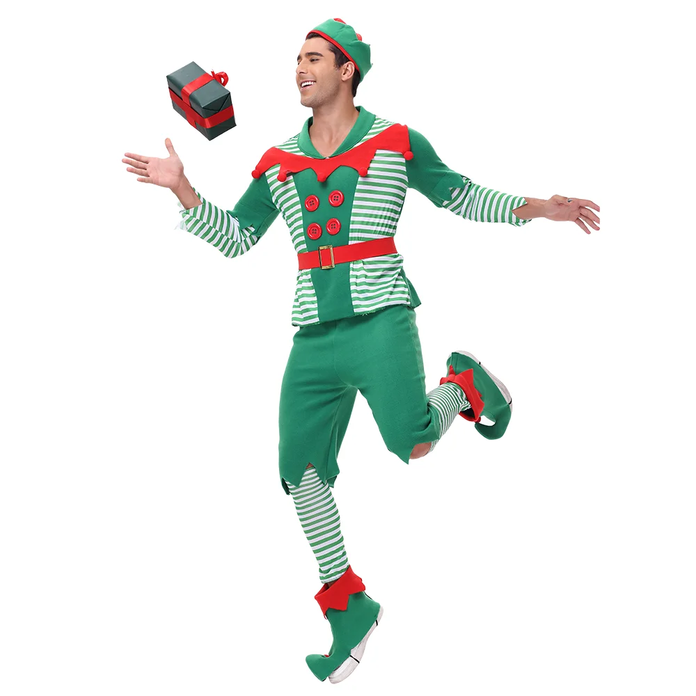 Zawaland Couple Christmas Elf Costume with Hat Stockings Shoe Covers Belt Party Dress Outfit Men Women Xmas Clothes Fancy Dress