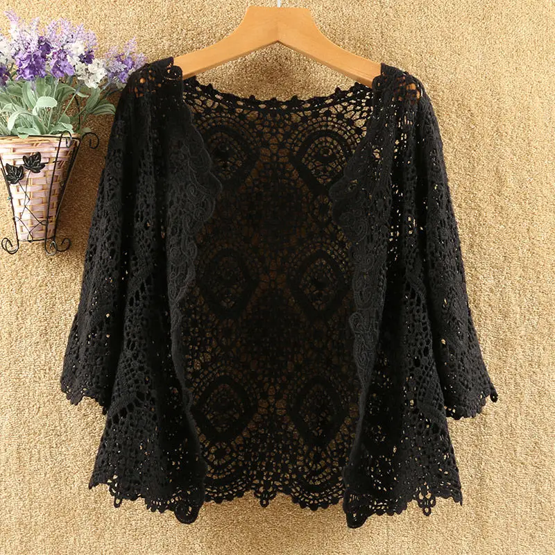 Hollow Out Lace Cardigan Sunscreen Sexy Cropped Tops Knitwear Sweaters Thin Spring Autumn Women Jacket Korean Loose Coat New
