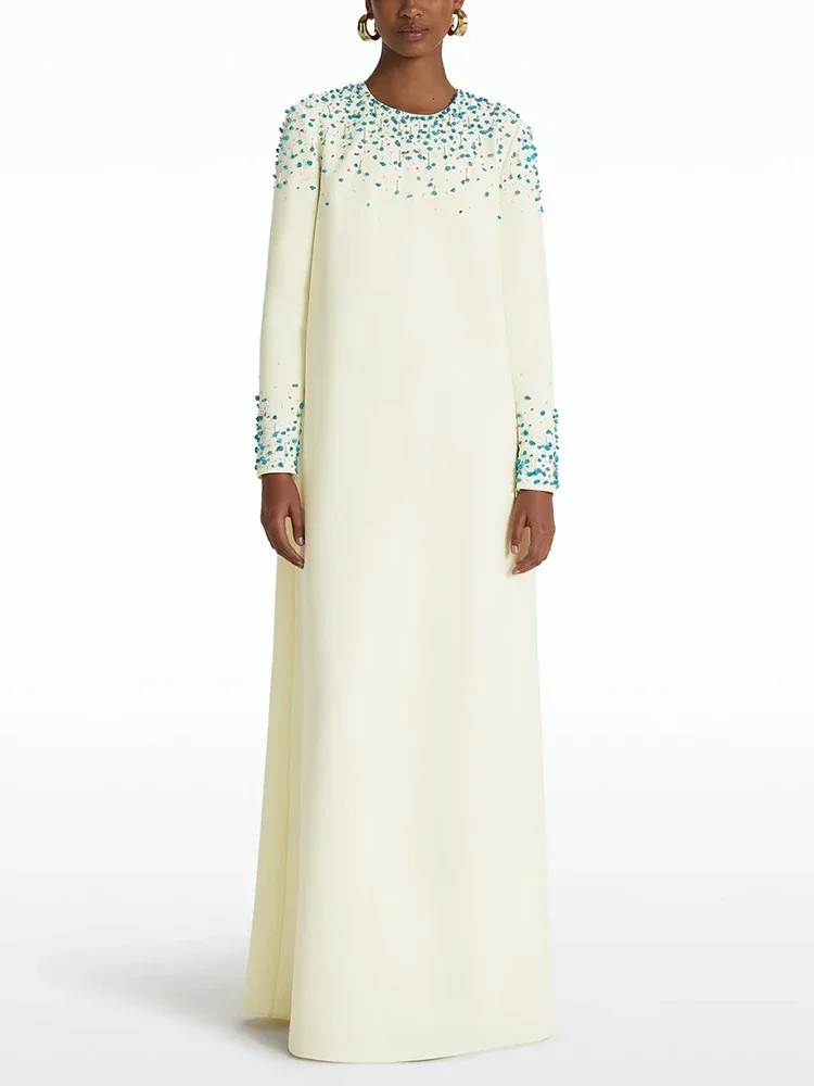 

2025 Sexy O Neck Beaded Embellished Maxi Dress Women Beige Long Sleeve Beading Loose Long Dresses Elegant Evening Party Gowns