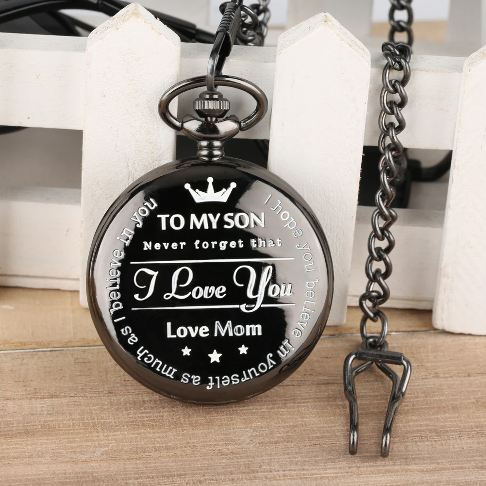 

Vintage Black To My Son Love Mom Personalized Pocket Watch Quartz Analog Pendant Pocket Clock Roman Numeral Dial with 30cm Chain