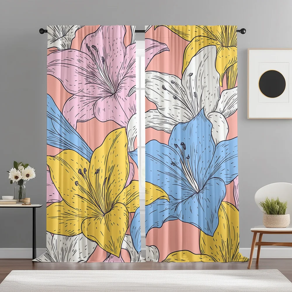2pcs Lily Floral Curtains Pink Blue Yellow Rod Pocket Polyester Light Filtering Modern Decor Living Room Bedroom Kitchen