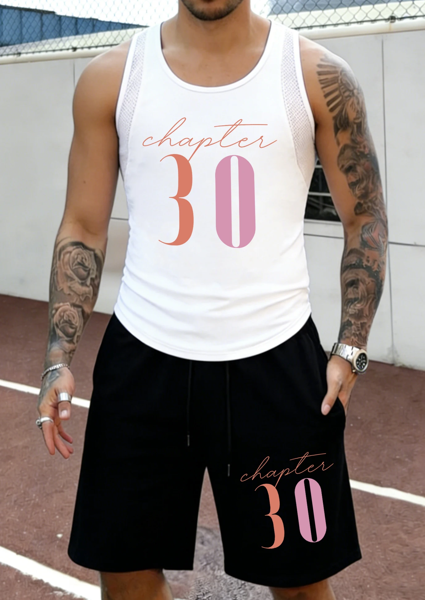 

Chapter 30 Art Letter Print Men Mesh Summer Sleeveless Casual Simple Sportpants Loose Drawstring Bottom Set Comfy Soft Tank Top