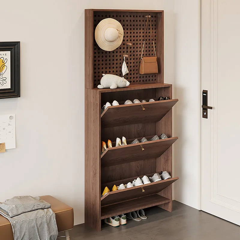 Chinese ultra-thin tipping bucket shoe cabinet pine solid wood household storage hole board storage shoe rack small apartment