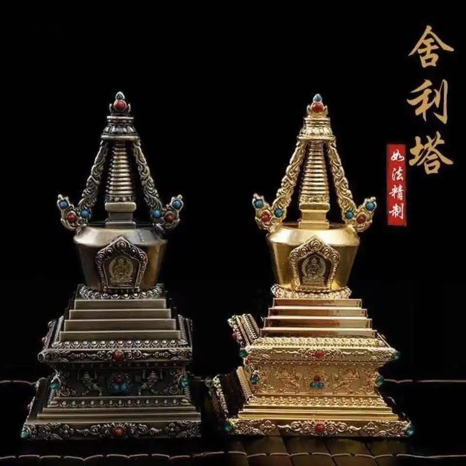 Bronze Tibetan Stupa Tantric Engraved Buddhist Statue Pearl Inlaid Gemstone Alloy Handicraft Altars Indoor Desktop Decorative