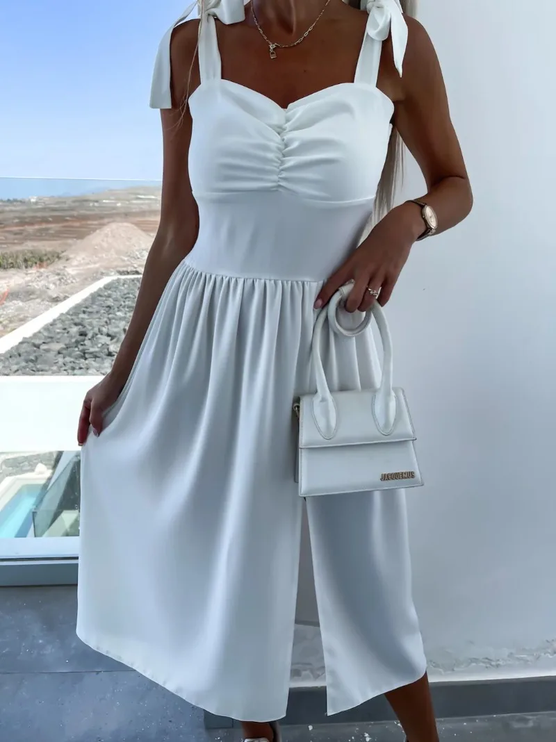 Damska nowa sukienka plażowa z kwiatowym nadrukiem, seksowna sukienka na ramiączkach z odkrytą talią i rozcięciem.