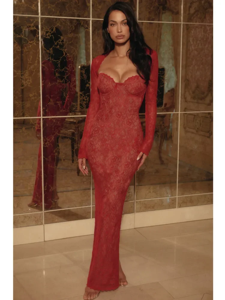 XIAOTANG Elegante pizzo trasparente scialle manica lunga top in due pezzi set donna sexy stretto abito a sirena inverno party club abito da sera