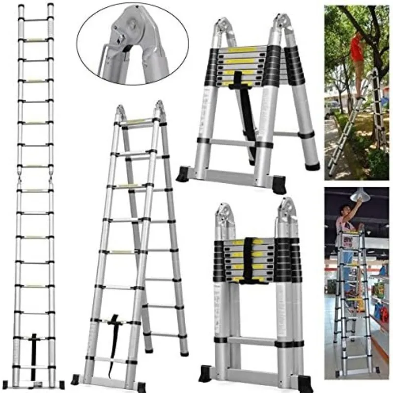 16.5ft Telescoping Ladder A-Frame Extension Portable Aluminum Telescoping 16 Steps Ladder 330lb Load
