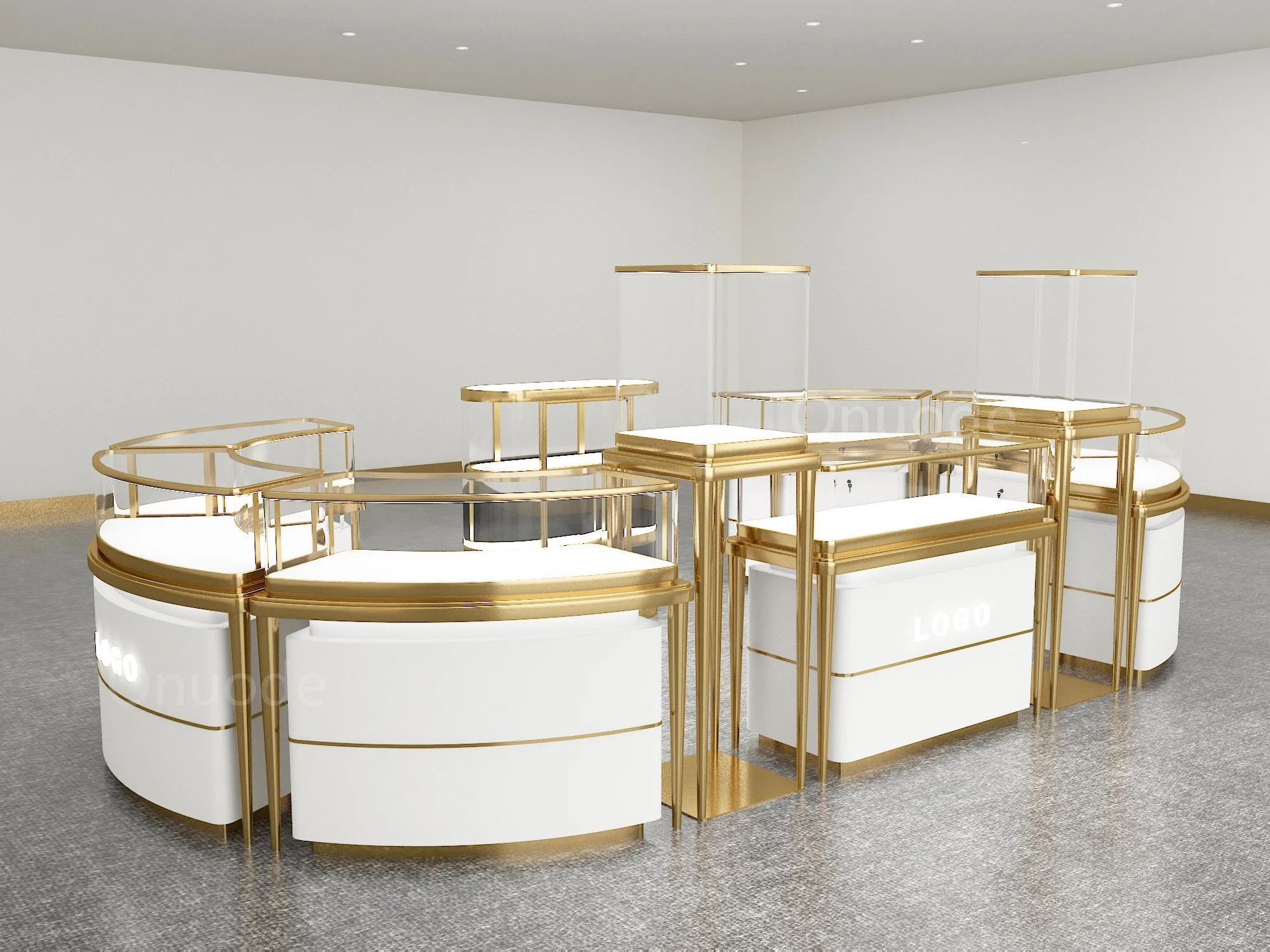 Custom.Luxuriöse Schmuckvitrinen aus gehärtetem Glas, Metall-MDF für Einzelhandelsgeschäfte und Einkaufszentren, Schmuckkiosk