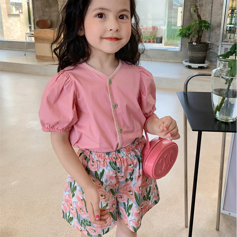 

Childrens Summer Set 2024 New Solid Color Puff Sleeve Top and Pants Light and Thin Two Pieces Casual Comfortable Clothing