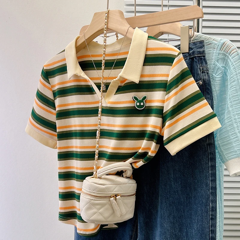 

Slim Fit ort Sve T-irt Women's Summer New Sle Striped irt Korean Sle Commute Pattern Cotton Pure Elastic Fiber