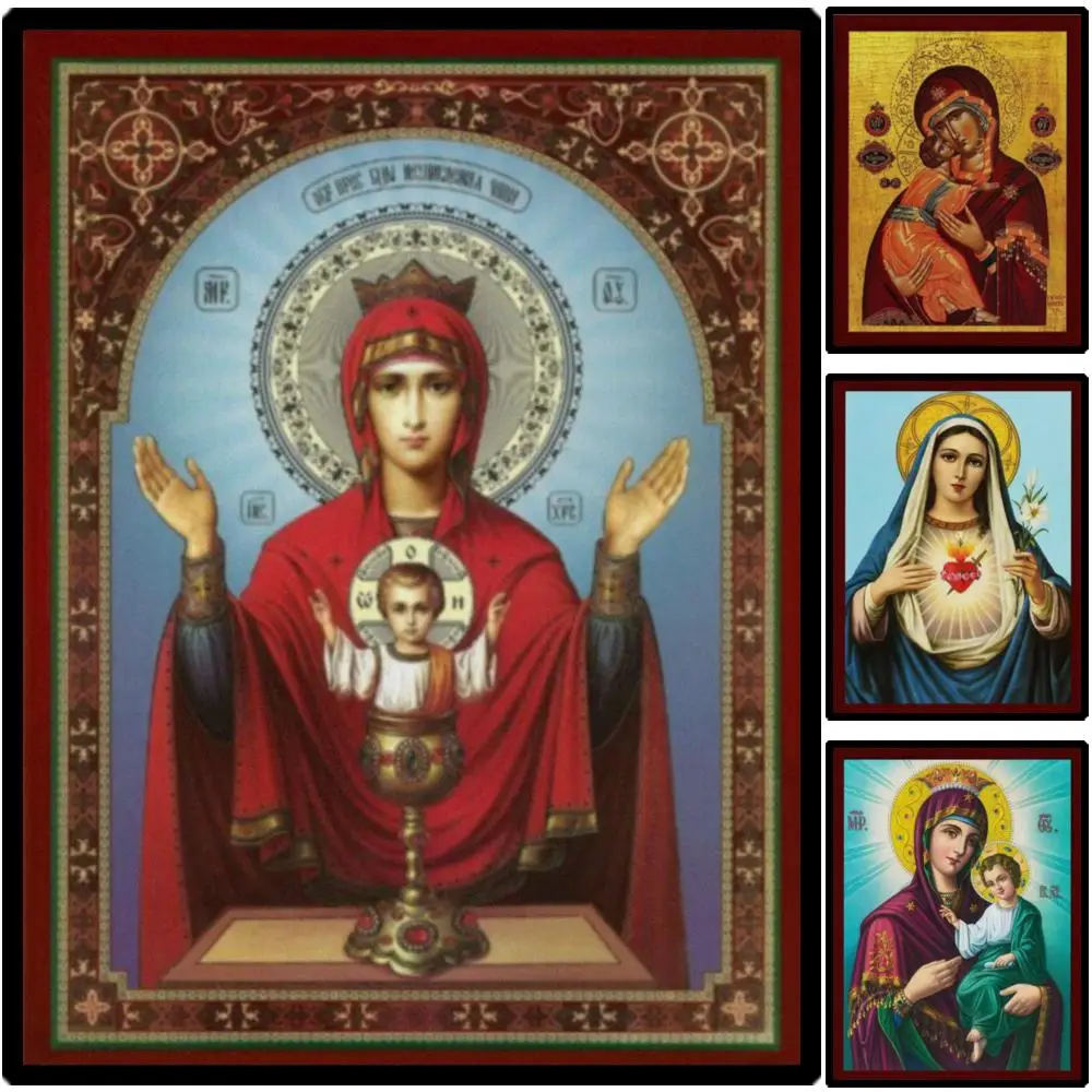 Byzantine Virgin Mary Theotokos Icon Canvas Print Mother of God Greek Orthodox Large Wall Art for Prayer Corner Christian Gift