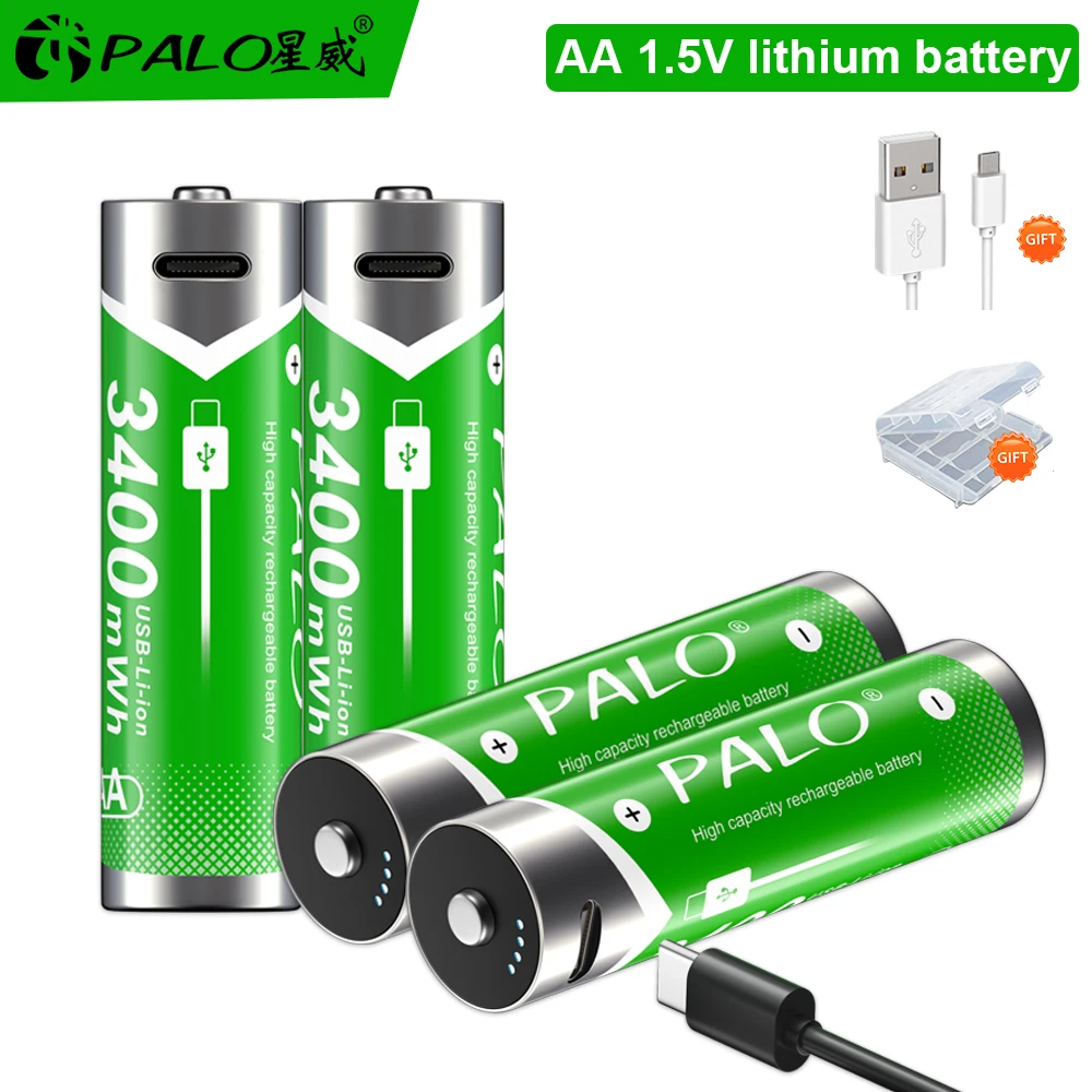 PALO 1.5V AA Rechargeable Battery 3400mWh High capacity Lithium Battery with USB Type-C input for Mouse keyboard toy Microphone
