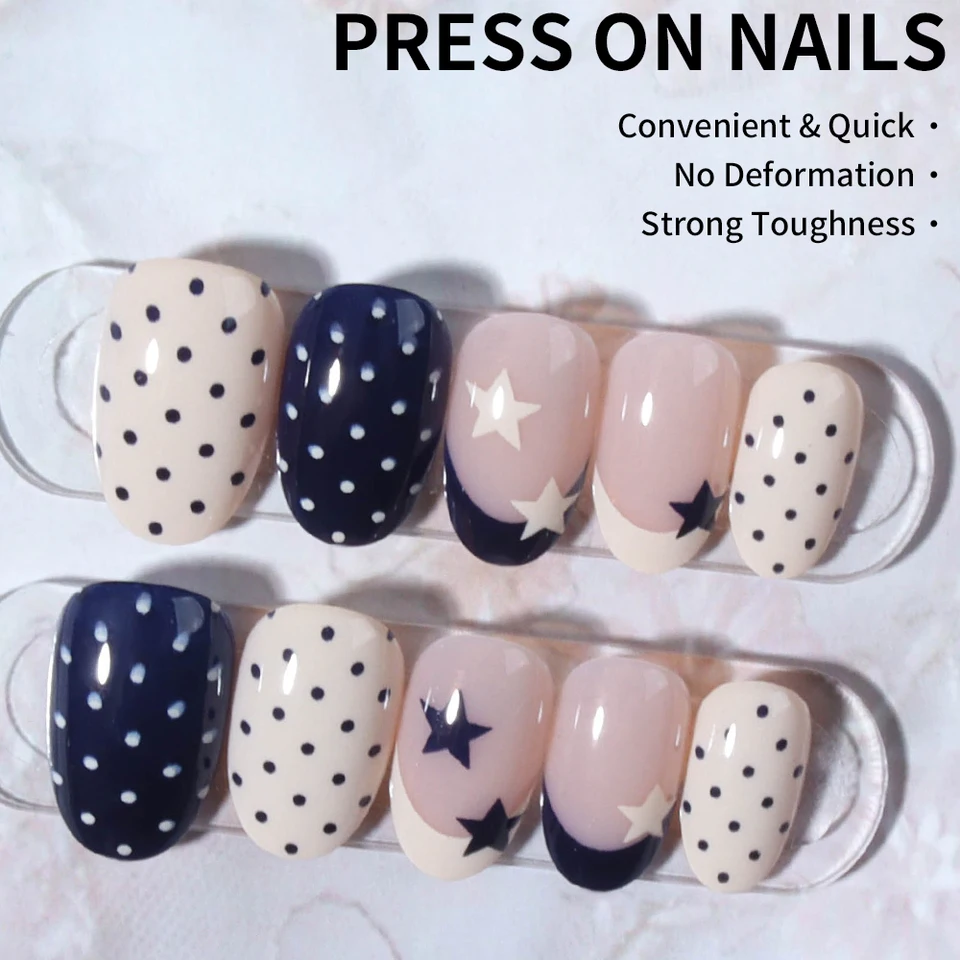 24 piezas uñas postizas ovaladas con estrellas y lunares, material acrílico, incluye 1 gel y 1 lima 2