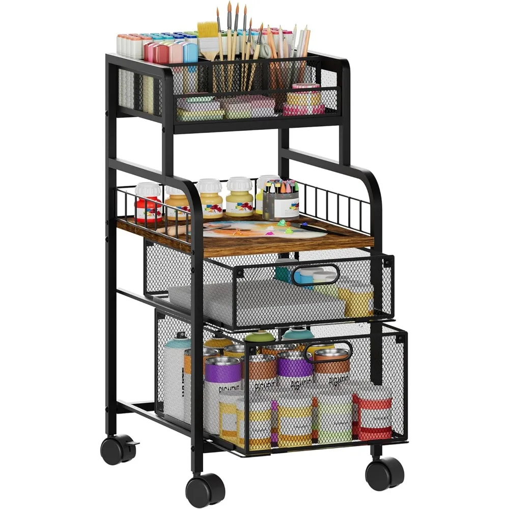 Rolling Storage Cart with Drawers Wood Shelf DIY Dividers Locking Wheels Under Desk Organizer for Home Office Studio