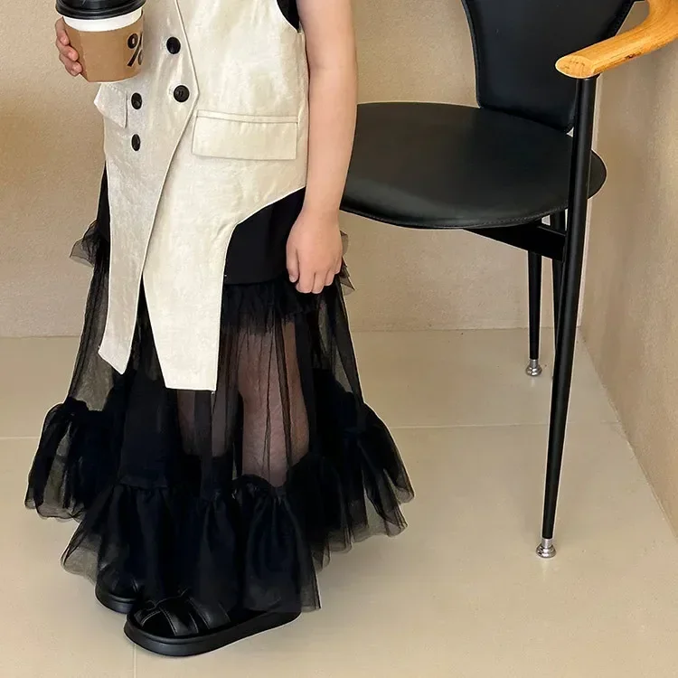 

Girls Tulle Skirt 2025 Summer New Korean Style Mesh Patchwork Long Skirt Cool Handsome Skirt Girls Half Skirts Fashion Skirts