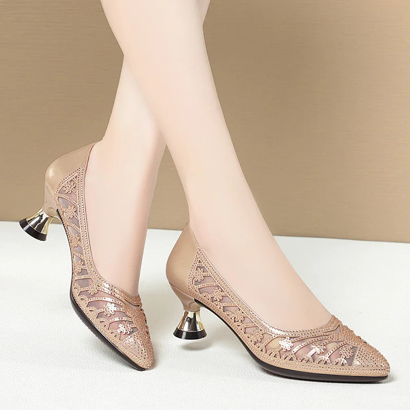 

5cm All Match Comfortable Breathable Rhinestone Mesh Leather Shoes Women Pumps 2026 Spring Summer Med Kitten Heels Shoes Office