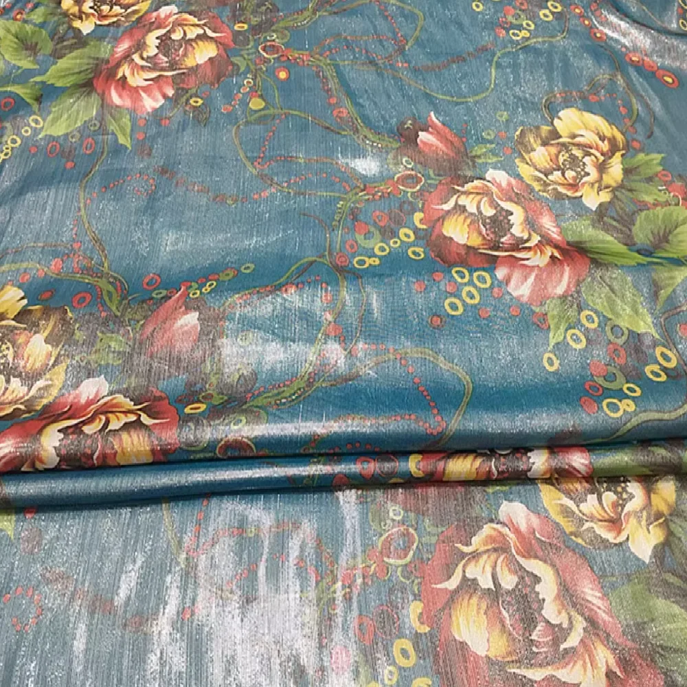 Blue Color Best Quality Metallic Shiny Silk Fabric with Big Flower Print for Girls Charming Party Dress Shawl Lame Design