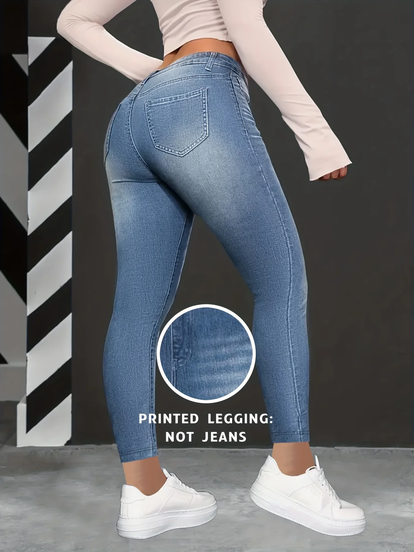 Fashion Printed Faux Denim Skinny Pants, High Waist Elastic Hip Lifting Tummy Control Outerwear Long Leggings