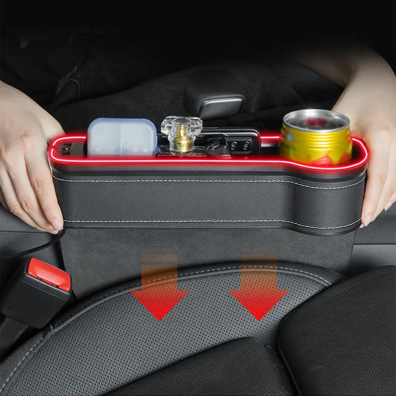 SEAMETAL Car Seat Gap Storage Box with Atmosphere Light Seat Side Organizer Dual USB Charge Port Cup Holder Car Stowing Tidying