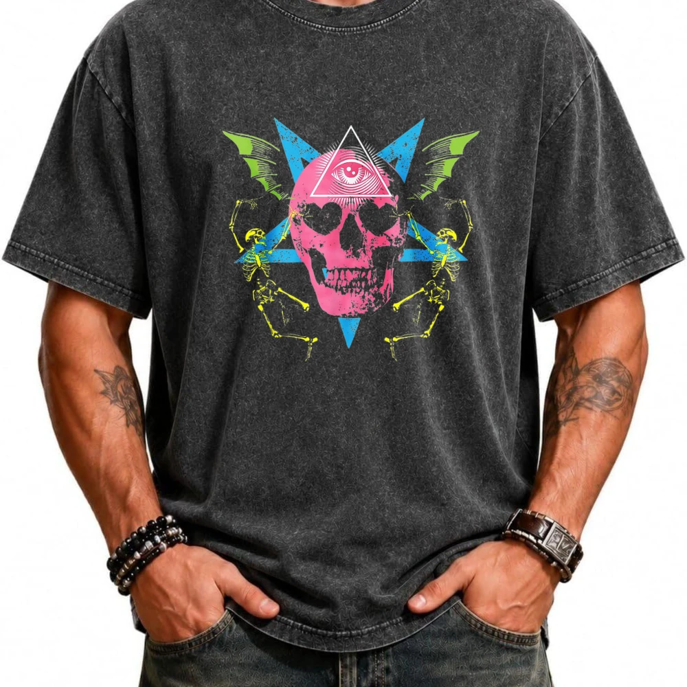 Rave Skull w/ Bat Wings, Pentagram And Dancing Skeletons T-Shirt Premium Cotton T Shirt Drop Shoulder Boxy Fit Acid Wash Summer