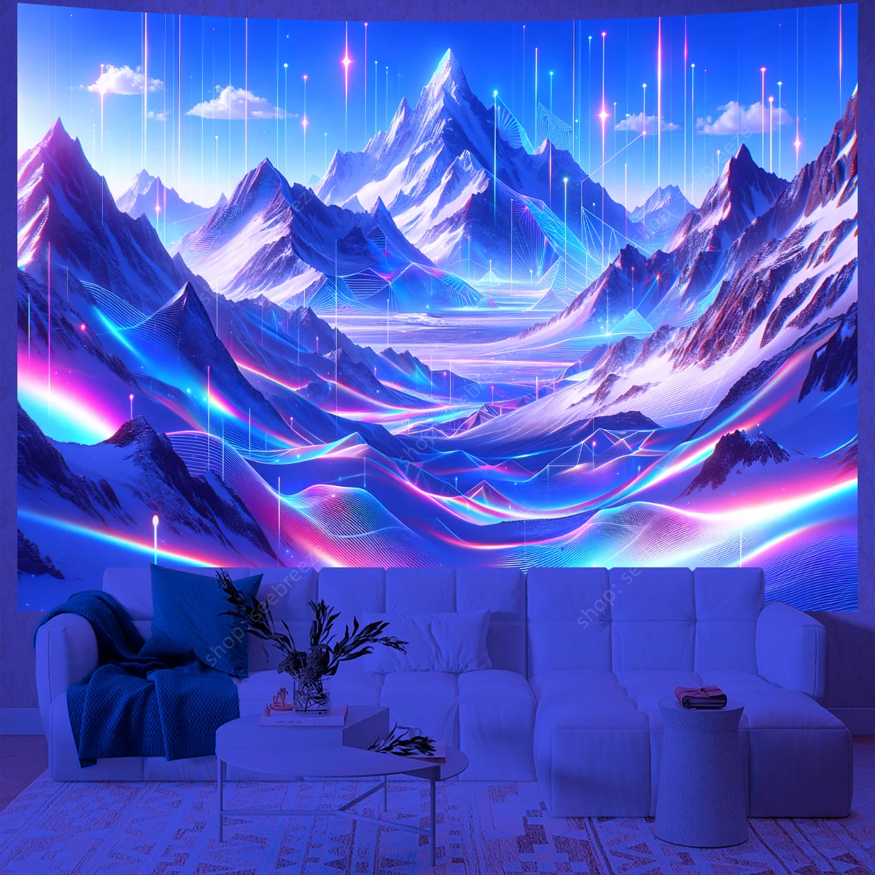 

Psychedelic Neon Mountain UV Reactive Tapestry Wall Hanging for Hippie Home Decor Aesthetic Bedroom Living Room Dorm Wall Decor