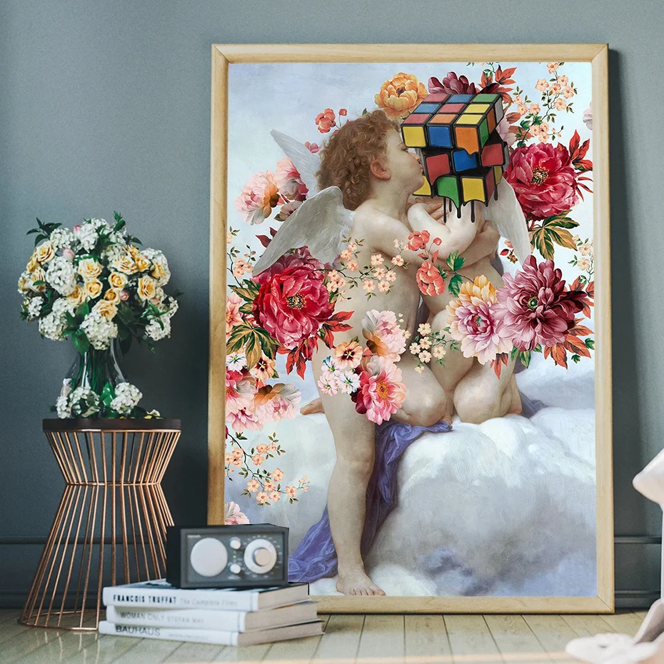 

Angel Canvas Painting Wall Art Posters,Lovely Little,Rubik's Cube and Flowers,Living Room Artwork Decor Prints,Fashion Prints