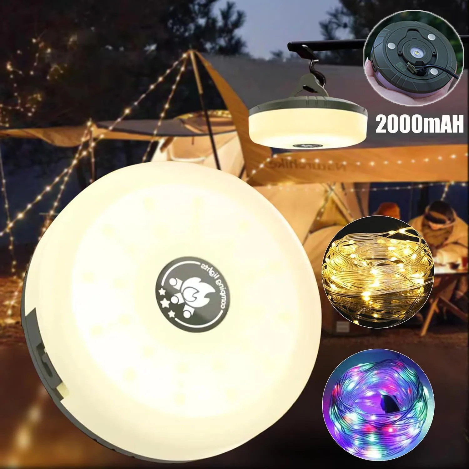 

8 м гирлянды для кемпинга 4 в 1, уличный фонарь для кемпинга с 5 режимами, USB перезаряжаемая лампа для палатки, водонепроницаемая для рождественского декора