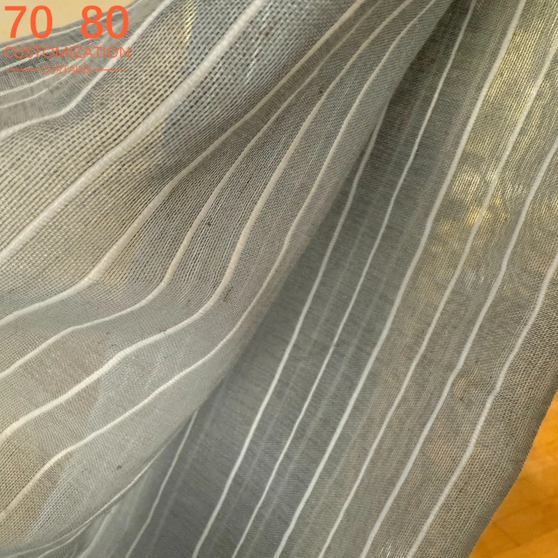 French Blue Cotton Linen Fine Stripe Splicing Window Screen Living Room Bedroom Balcony Bay Window Customized Finished Product