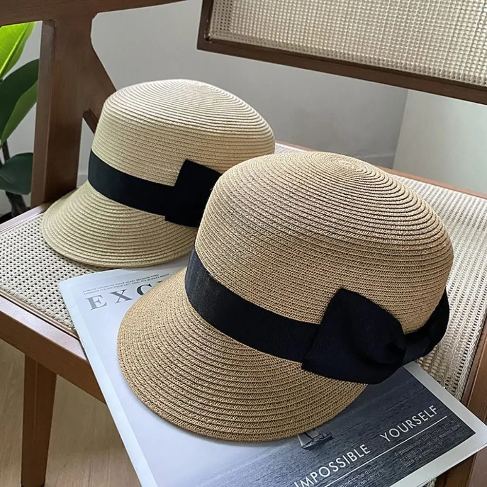 Gorro de paja tejido elegante Vintage, gorro de paja con lazo francés de verano, cúpula, protección solar, sombrero ecuestre para vacaciones