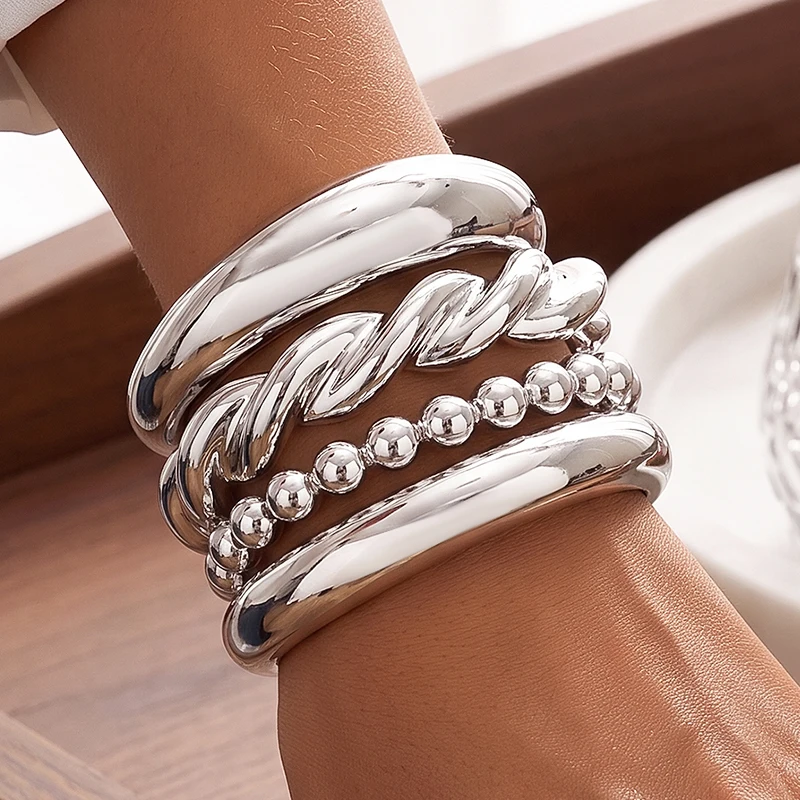 4pcs Punk Silver Color Thick Beads Bracelet Set for Women Vintage Exaggerated Luxury Geometric Bangles Vacation Date Jewelry New