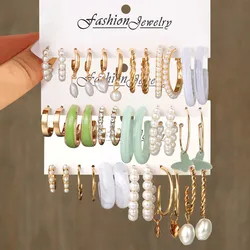 12pcs Boho Colorful Resin Pearl Earring Set For Women Gold Color Butterfly Metal Circle Dangle Earring Trendy Party Jewelry Gift