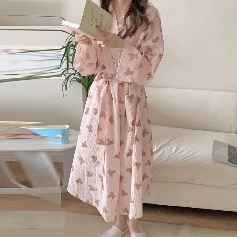 

Sleeping Robe Women's Spring/Fall New Style Cute Bathrobe Checkered Bear Long Sleeve Princess Style Pajamas Homewear Students