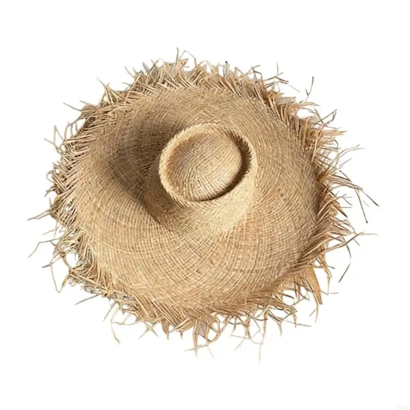 39BC Handgewebter Strohhut mit elastischem Band, breiter Krempe, sonnenfester für Urlaubsparty