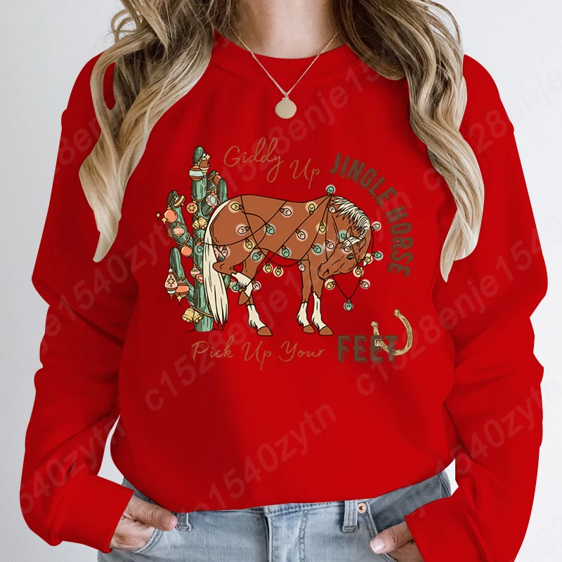 Women Hoodless Sweatshirt Christmas Giddy Up Jingle Horse Pick Up Your Feet Print Round Neck Pullover Casual Pure Color Pullover