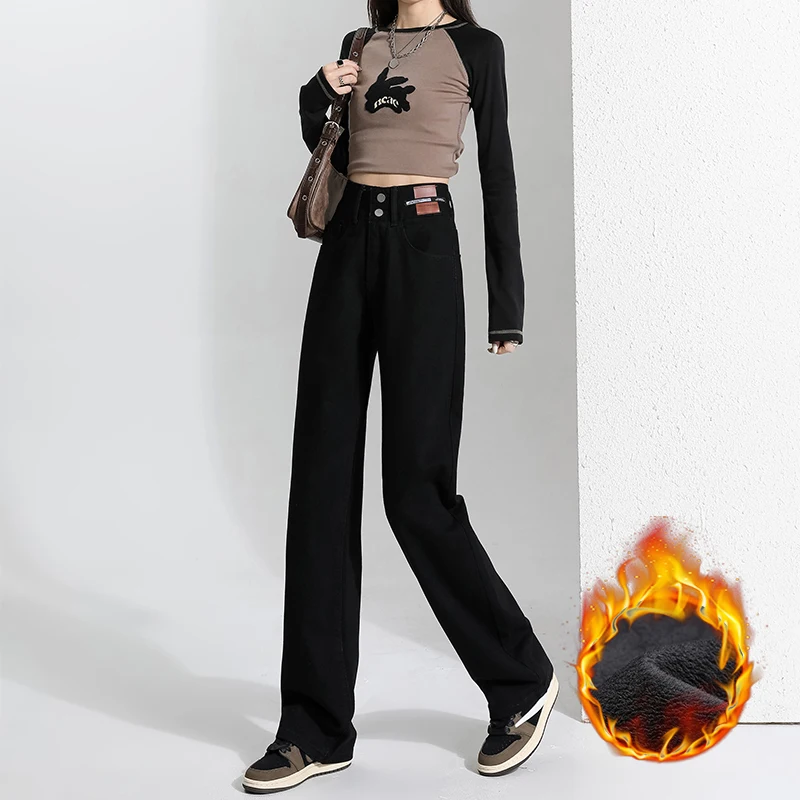 Luxe kwaliteit winter warme fleece thermische damesjeans mode dikker uitlopende broek hoge taille plus lengte rechte broek