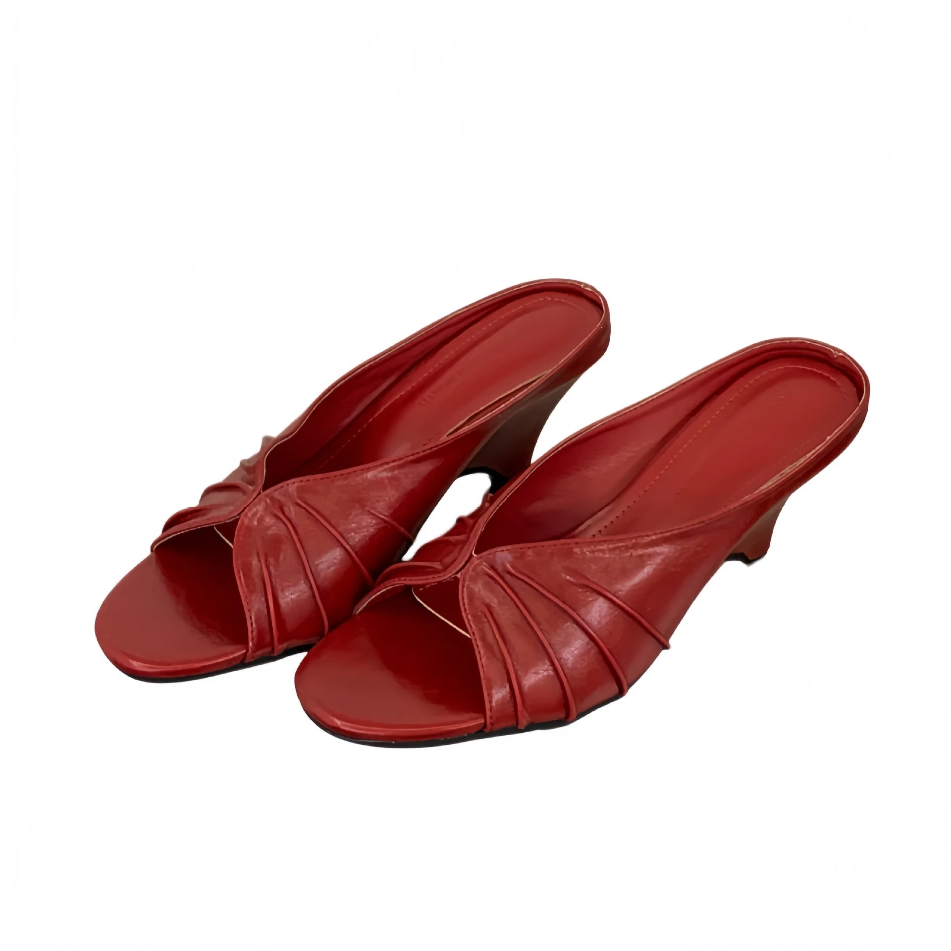 Retro Peep Toe Wedge Heel Slippers Women Summer Outerwear 2026 New Pleated Round Toe Slippers Casual Hollow Out Slip On Sandals