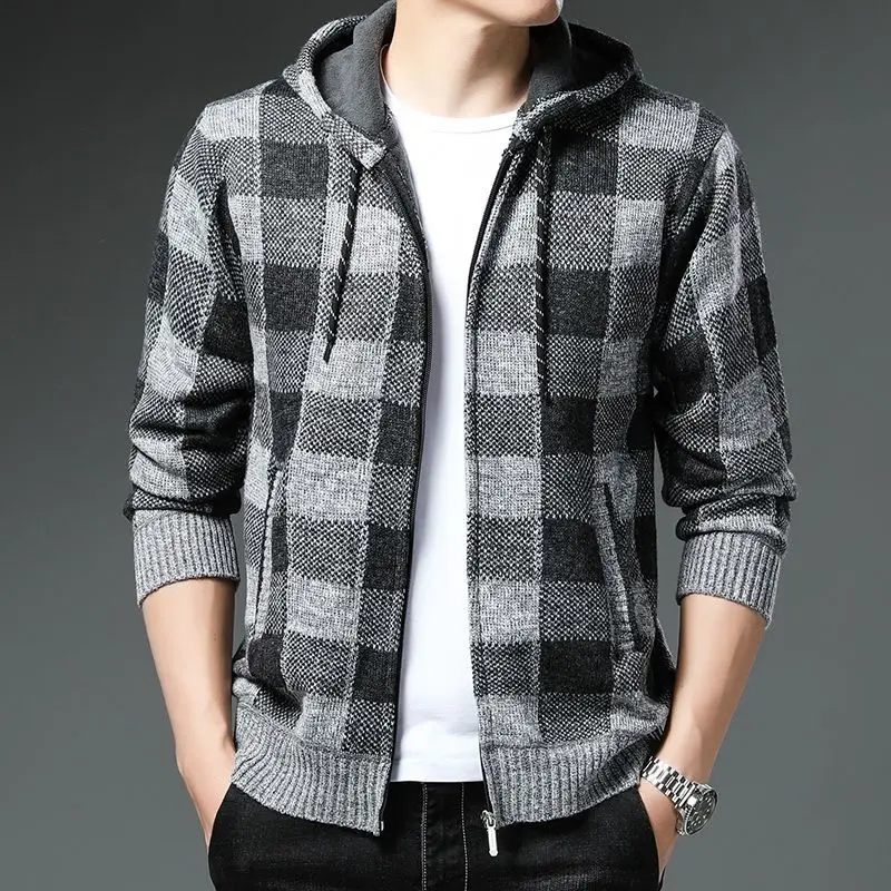 Autumn Winter New Men Stand Neck Stripe Cardigan Sweaters Zipper Casual Korean Male Clothes Fashion Fleece Knitwear Coat Top