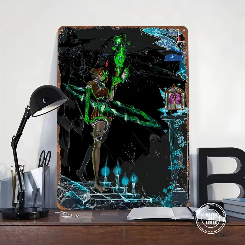 Steampunk Witch With Green Magic Personalized 3D Textured Metal Poster Wall Art Tinplate Sign for Room Decorations Man Wand Deko