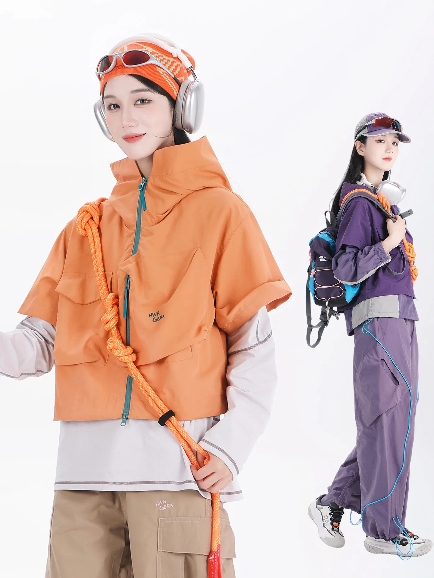 

Autumn new outdoor sports hooded short sleeved jacket, female student workwear, multi pocket short top