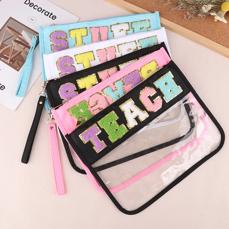 Transparent PVC Embroidery Cloth Stickers Travel Travel Waterproof Cosmetic Bag Creative Letters Patch Handheld Makeup Organizer