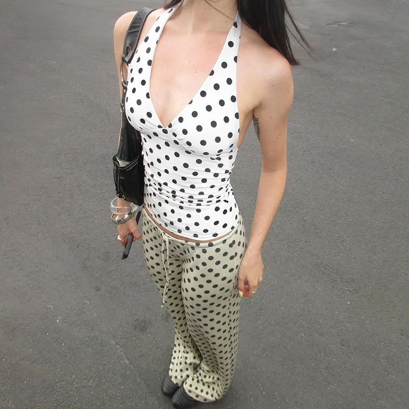 Damen-Top mit V-Ausschnitt, offenem Rücken, Schnürung, Polka-Dot-Muster, figurbetont, Tank-Top-Stil, Y2K-Sommermode, Alltags-Streetwear, Basic-Oberteil. – Detail 9