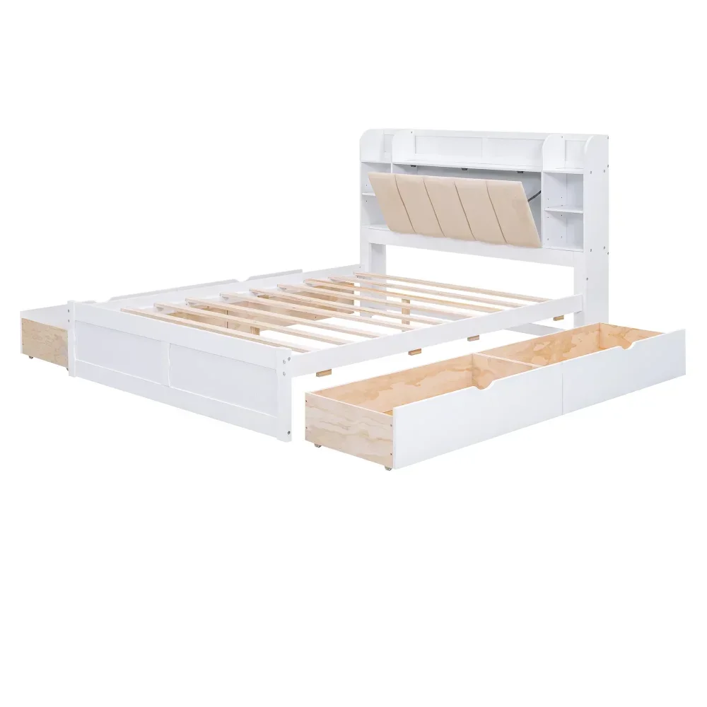 Upholstered Queen Bed, Wood Platform Bed with Shelves and Drawers for Adults, Heavy Duty for Bedroom,Guests Room,White