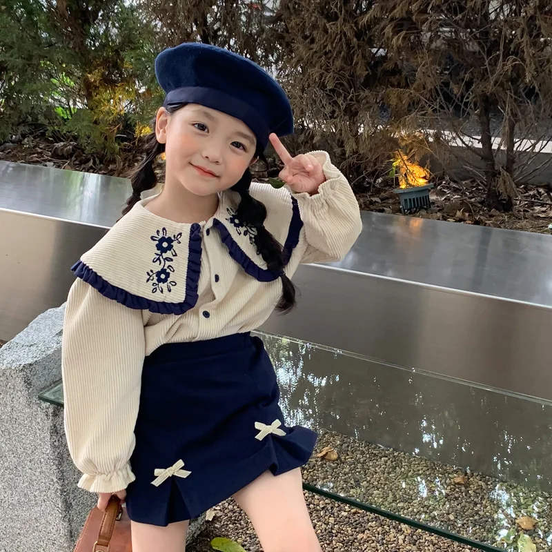 Autumn Girl\'s Set Baby Girl Korean Style Fashion Lapel Shirt+Short Skirt Two-piece Sets Spring Child Toddler Navy Clothing