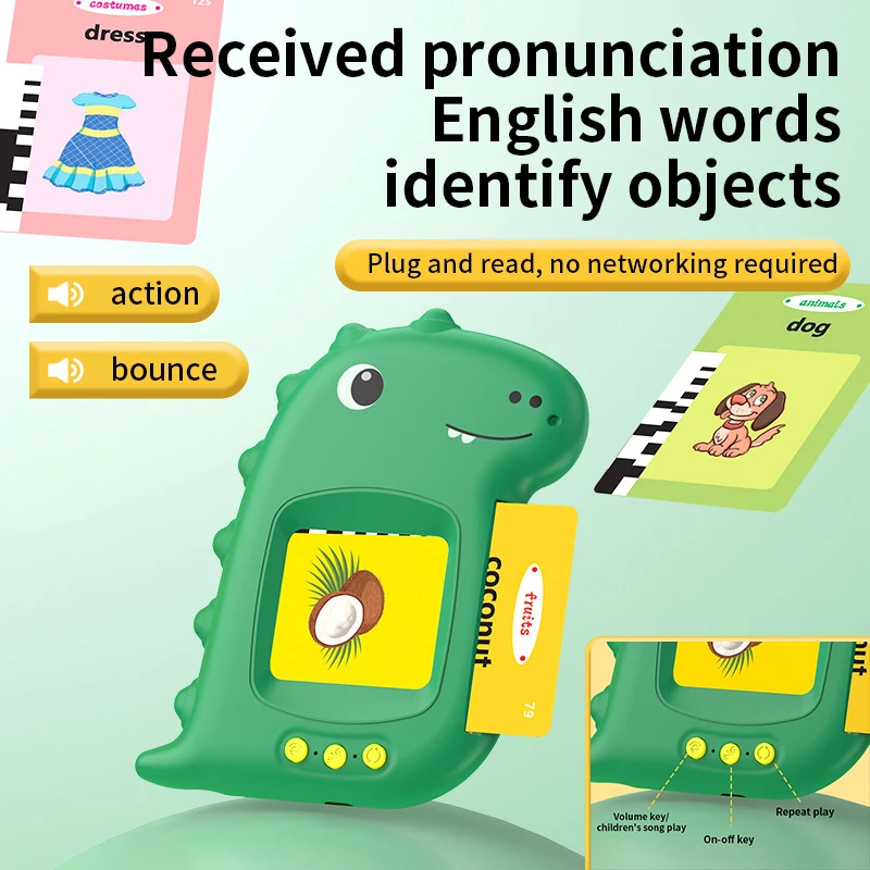 Carte d'éducation précoce de dinosaure mignon pour les tout-petits, cartes de roi prudentes, machine d'apprentissage, carte de livre audio en anglais, cartes flash