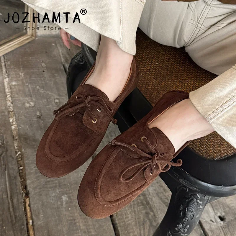 JOZHAMTA Size 34-43 Casual Flats Loafers Shoes For Women Cow Suede Leather Low Heel Shoes Lace-Up Round Toe Vintage Daily Office