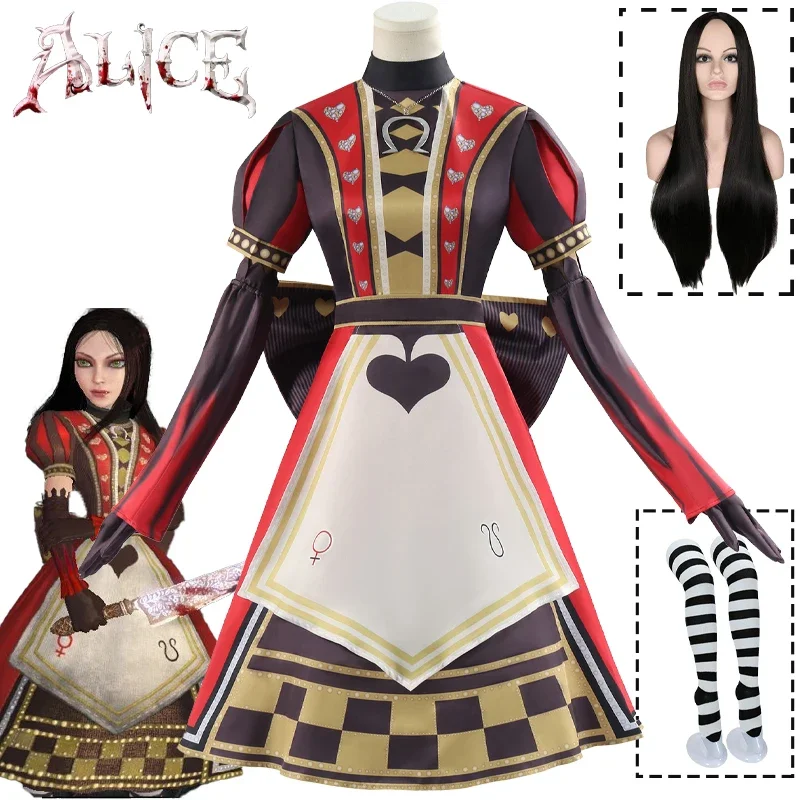 アリスマッドネスワンダーランド-女性のためのコスプレ衣装ロイヤルポーカーコスチューム赤いドレス女の子ハロウィーンパーティーロールプレイスーツ