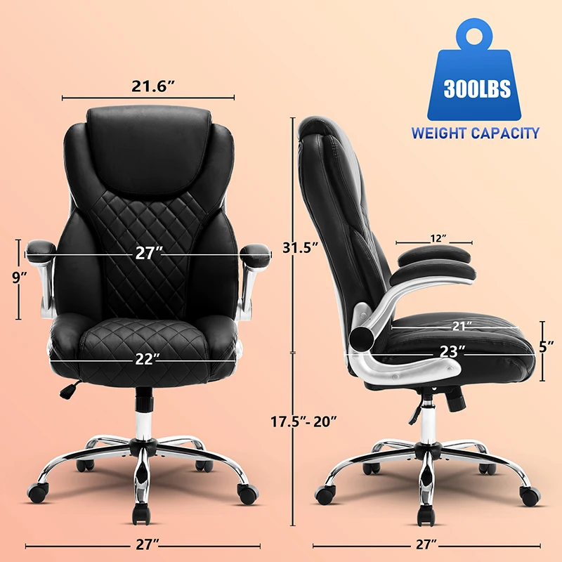 Ergonomic Office Chair With Flip-Up Armrests And Wheels, Leather Rocking Executive Office Chair, Black  On-Site